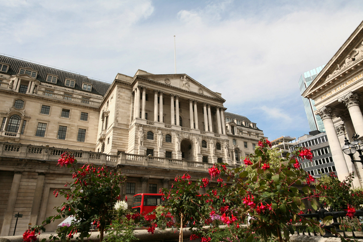 Exterior of the Bank of England. Economic review looks at faster rebound; slower recovery.