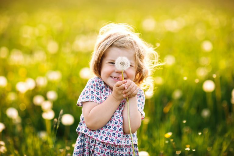 Little girl making a wish on a dandelion clock in a sunny field, indicating hope for the future